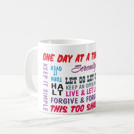 12 Schritt-Erholungsslogans Kaffeetasse (Vorderseite Links)