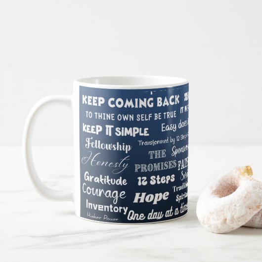12 Schritt Erholungsworte & Slogans Kaffeetasse (Mit Donut)