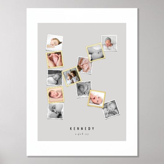 12 Snapshot Foto Collage Baby's Name Monogram K Foliendrucke (Vorderseite)