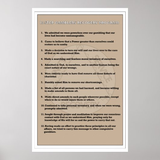 12 Step Gamblers Addictions Erholung Poster (Vorne)