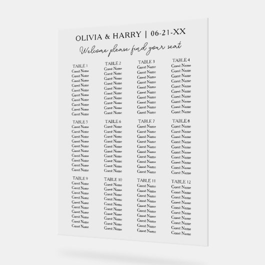 12 Tabelle Einfache Minimalistische Hochzeitssitzk Acrylschild (Winkel)