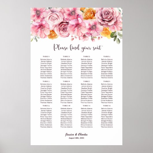 12 Tabelle Elegant Rosa Blumenkarte Poster (Vorne)