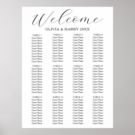 12 Tabelle Elegant Simple Wedding Seating Chart Poster (Vorne)