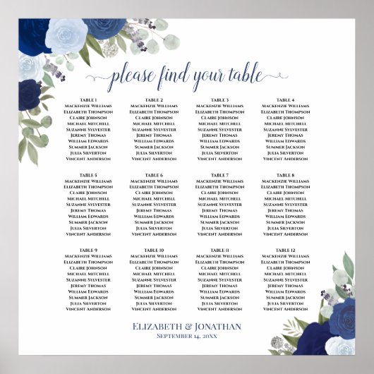 12 Tabelle Elegante blaue Rose Hochzeitstabelle Poster (Vorne)