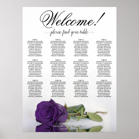 12 Tabelle Elegante Royal Lila Rose Seating Chart Poster (Vorne)
