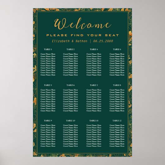12 Tabelle Emerald Green & Gold Floral Seating Cha Poster (Vorne)