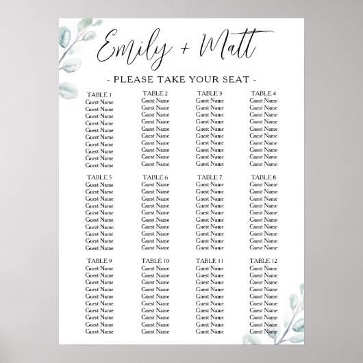 12 Tabelle Eukalyptus Einfache Hochzeitssitzkarte Poster (Vorne)
