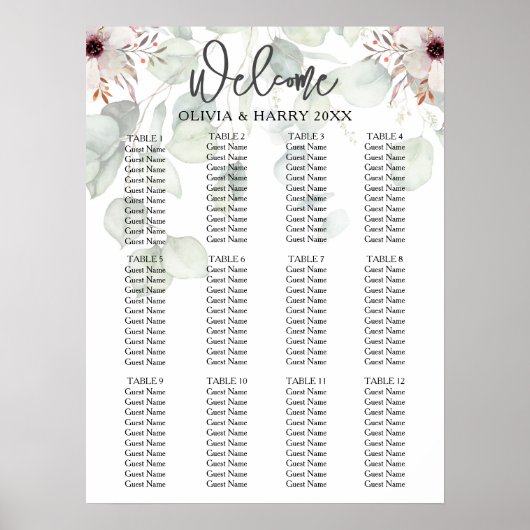 12 Tabelle Eukalyptus Floral Wedding Chart Poster (Vorne)