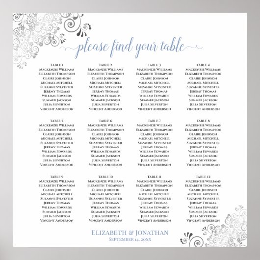 12 Tabelle Frilly Blue & White Wedding Seating Cha Poster (Vorne)