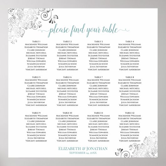 12 Tabelle Frily Aquamarin & White Wedding Chart Poster (Vorne)