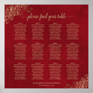 12 Tabelle Goldene Spitze auf Red Wedding Seating Poster