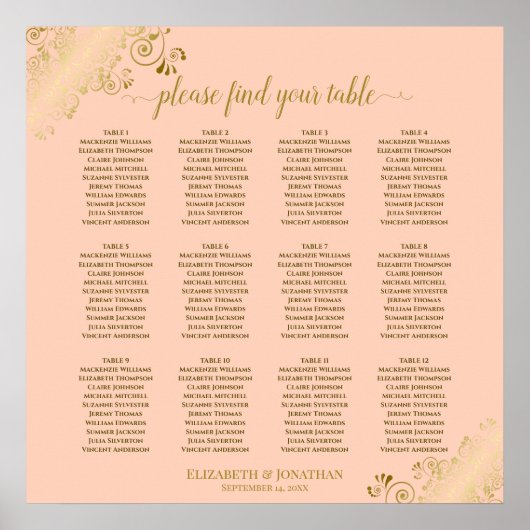 12 Tabelle Korallenpfirsich & Gold Hochzeitskarte Poster (Vorne)