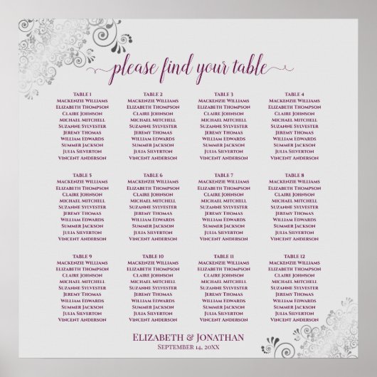 12 Tabelle Magenta auf Gray Wedding Seating Chart Poster (Vorne)