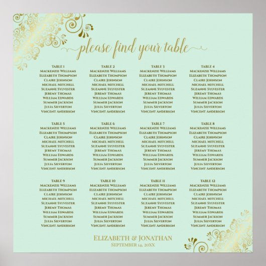 12 Tabelle Minze Green & Gold Hochzeitskarte Poster (Vorne)