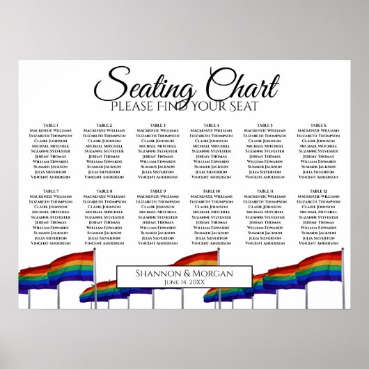 12 Tabelle Rainbow Flags Gay Wedding Seating Chart Poster (Vorne)