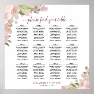 12 Tabelle Rustikal rosa Blumenübersicht Poster
