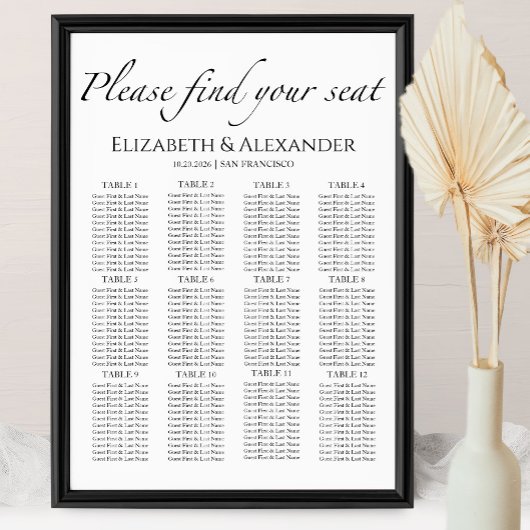 12 Tabelle Schwarz-Weiß-Hochzeitskarte Poster
