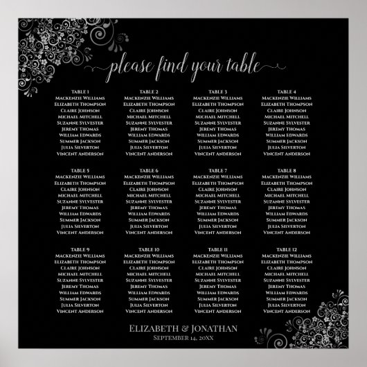 12 Tabelle Silver Frills Black Wedding Seating Cha Poster (Vorne)