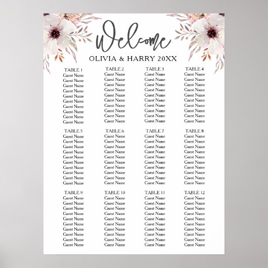 12 Tabelle Wasserfarbenflorale Hochzeitstabelle Poster (Vorne)