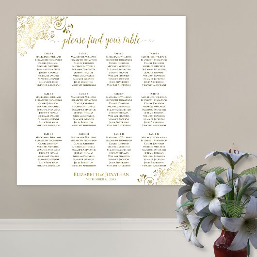 12 Tabelle Weiße Hochzeitskartons Gold Frills Poster