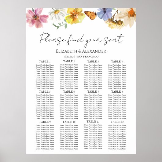 12 Tabelle Wildblume Boho Hochzeitskarte Poster (Vorne)