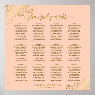 12 Table Coral Peach & Gold Wedding Seating Chart Poster