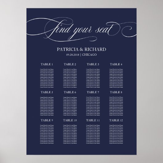 12 Tables Navy Blue Wedding Plan Board Poster (Vorne)