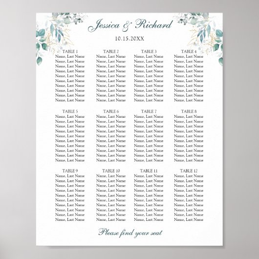 12 Tables Seating Chart Plakatzeichen Poster (Vorne)