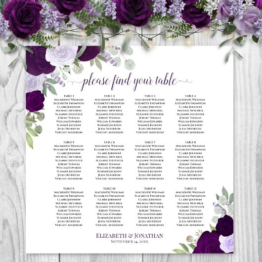 12 Tafelchic Lila Rose Hochzeitssitzdiagramm Poster