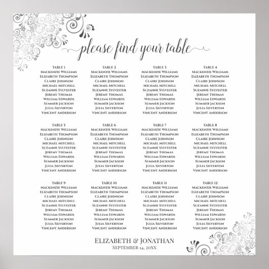 12 Tafelweiße Hochzeitssatteltafeln Silber Frills Poster (Vorne)