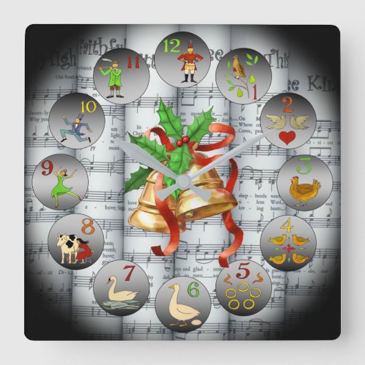 12 Tage Weihnachten~Sheet Music~Christmas Bells~ Quadratische Wanduhr (Vorderseite)