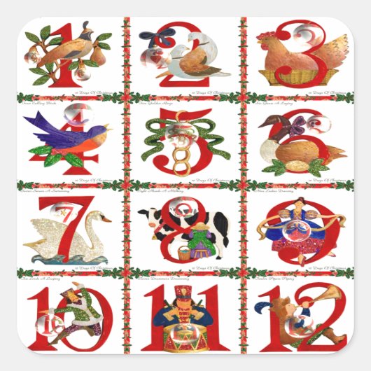 12 Tage Weihnachts Quilt Druckgeschenke Quadratischer Aufkleber (Vorderseite)