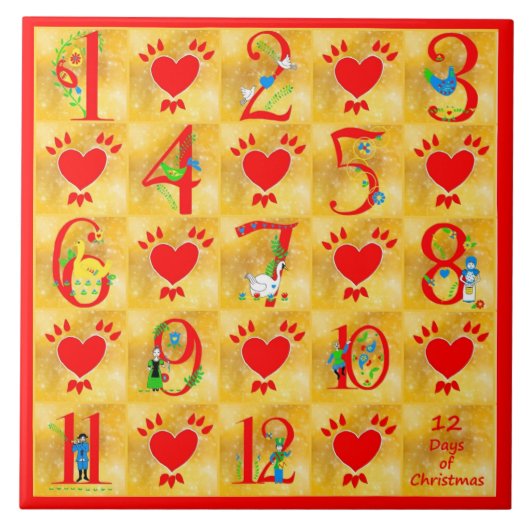 12 Tage WeihnachtsVolkskunst mit Herzen auf Gold Fliese (Vorderseite)