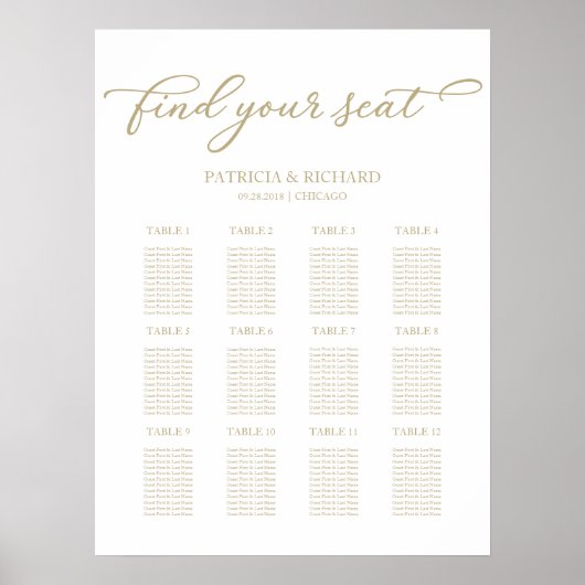12 Tische Hochzeitsplan Chic Script Poster (Vorne)