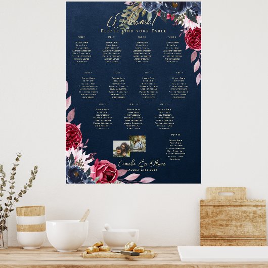12 Tischkarten Foto Willkommen Burgundy Blue Poster (Küche)