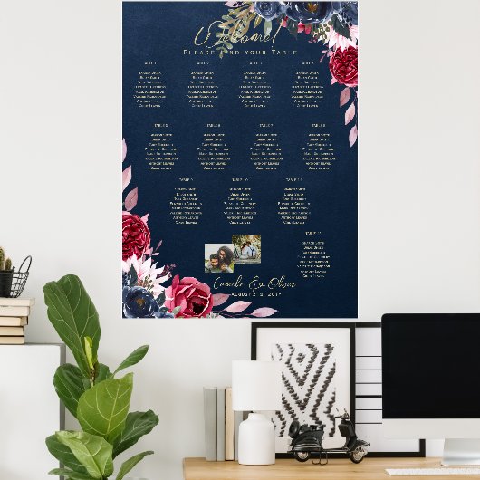 12 Tischkarten Foto Willkommen Burgundy Blue Poster (Heimbüro)