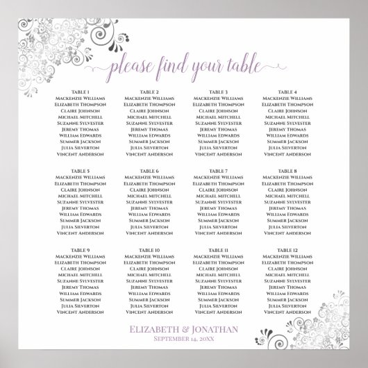 12 Tischlacy Lavendel White Wedding Seating Chart Poster (Vorne)