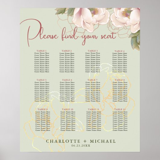 12 Übersicht über die Hochzeitssitze in den Tische Poster (Vorne)