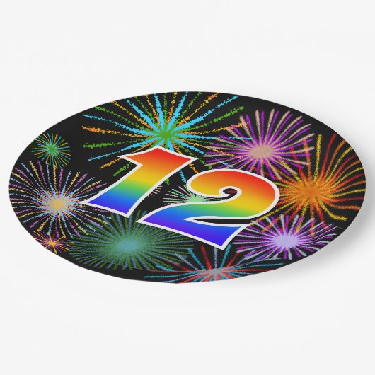 12. Veranstaltung - Spaß, farbenfroh, kühl, Regenb Pappteller (Schrägansicht)