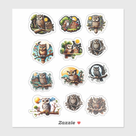 12 verschiedene Aufkleber für Eule (Blatt)
