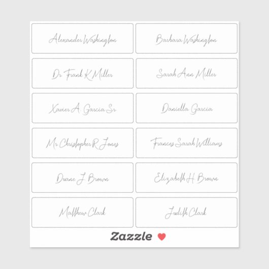 12 Wedding Guest Names Elegant Handwriting Script Aufkleber (Blatt)