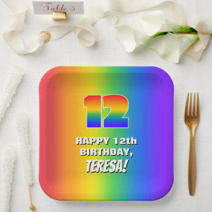 12th Birthday: Colorful, Fun Rainbow Pattern # 12 Pappteller
