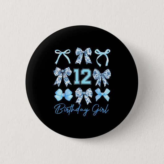 12th Birthday Girl Blue Toile Coquette Bow 12 Year Button (Vorderseite)
