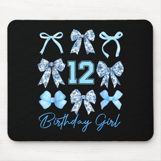 12th Birthday Girl Blue Toile Coquette Bow 12 Year Mousepad (Vorne)
