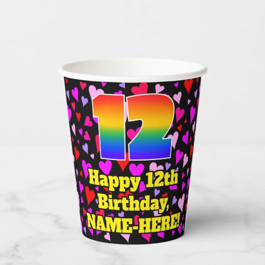12th Birthday: Loving Hearts Pattern, Rainbow 12 Pappbecher (Rückseite)