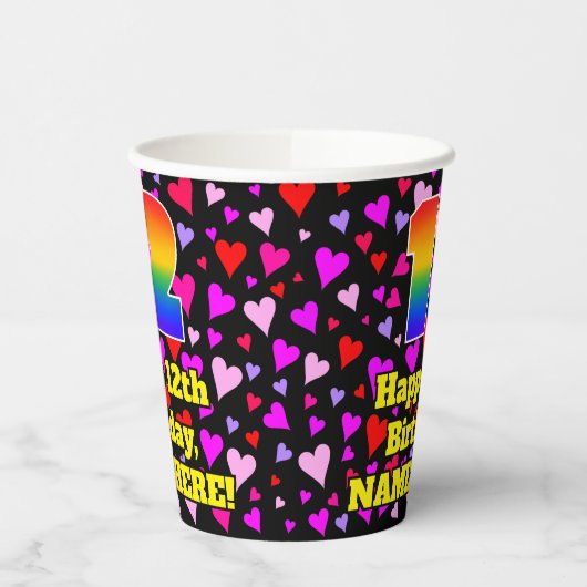 12th Birthday: Loving Hearts Pattern, Rainbow 12 Pappbecher (Links)