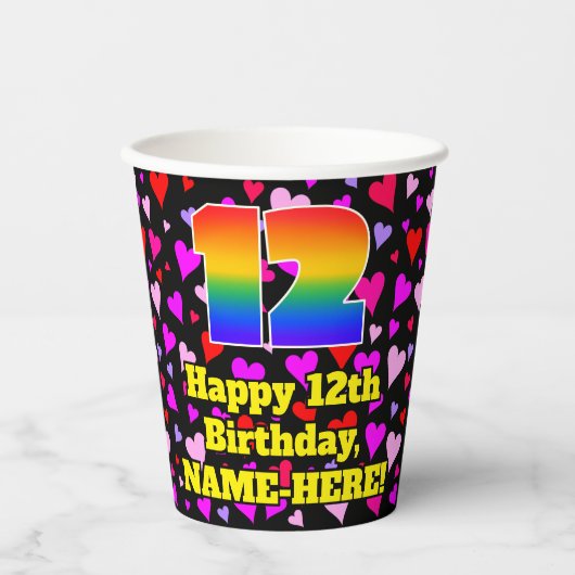 12th Birthday: Loving Hearts Pattern, Rainbow 12 Pappbecher (Vorderseite)