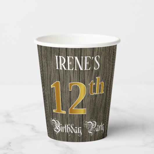 12th Birthday Party — Faux Gold & Faux Wood Looks Pappbecher (Rückseite)