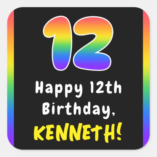 12th Birthday: Rainbow Spectrum # 12, Custom Name Quadratischer Aufkleber (Vorderseite)