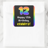 12th Birthday: Rainbow Spectrum # 12, Custom Name Quadratischer Aufkleber (Tasche)